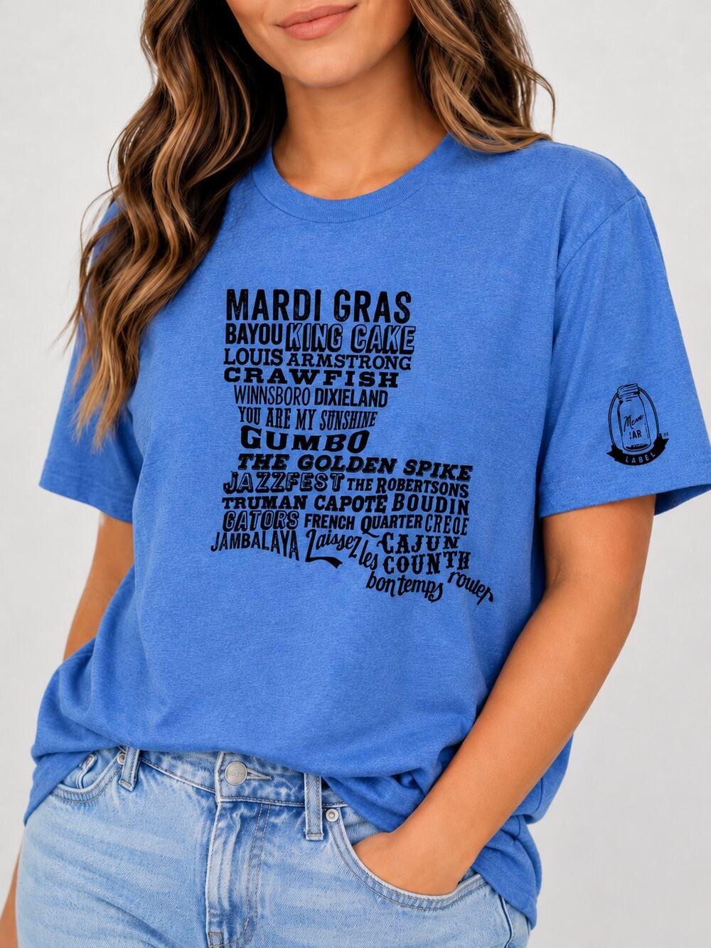 Mason Jar Label Louisiana Graphic T-Shirt Large Blue Souvenir Cotton Blend